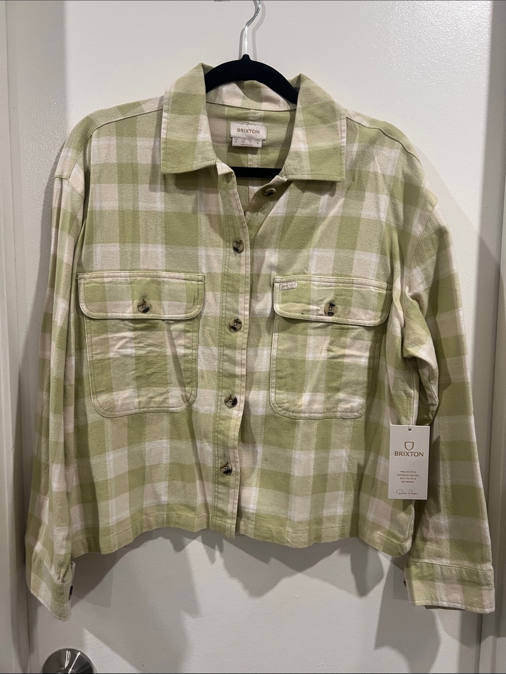 Brixton Bowery Green & White Plaid Cropped Button-Front Shirt Jacket